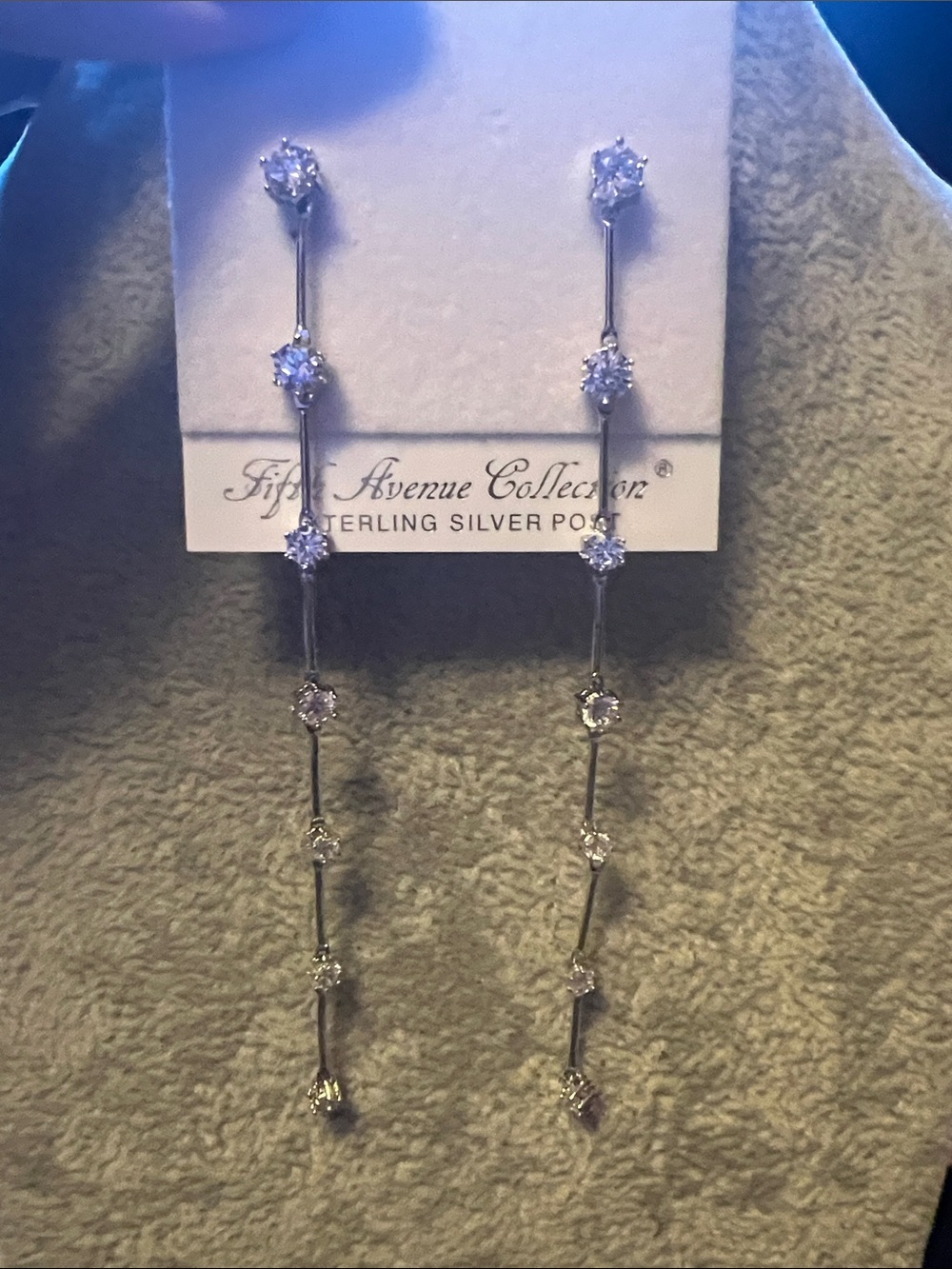 Fifth Avenue Collection Silver Long Dangle Earrings with Clear Stones